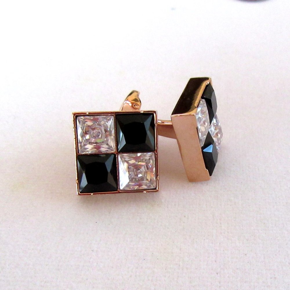 Black and clear crystal checkerboard rhinestone cufflinks in gold tone setting